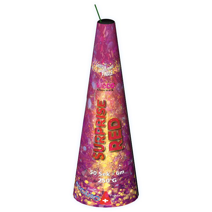 Kegelförmige lila-pink gemusterte Bugano-Feuerwerksmine Surprise Red mit grüner Zündschnur, Schweizer Flagge und Angaben 50 Sek / 6m / 250g