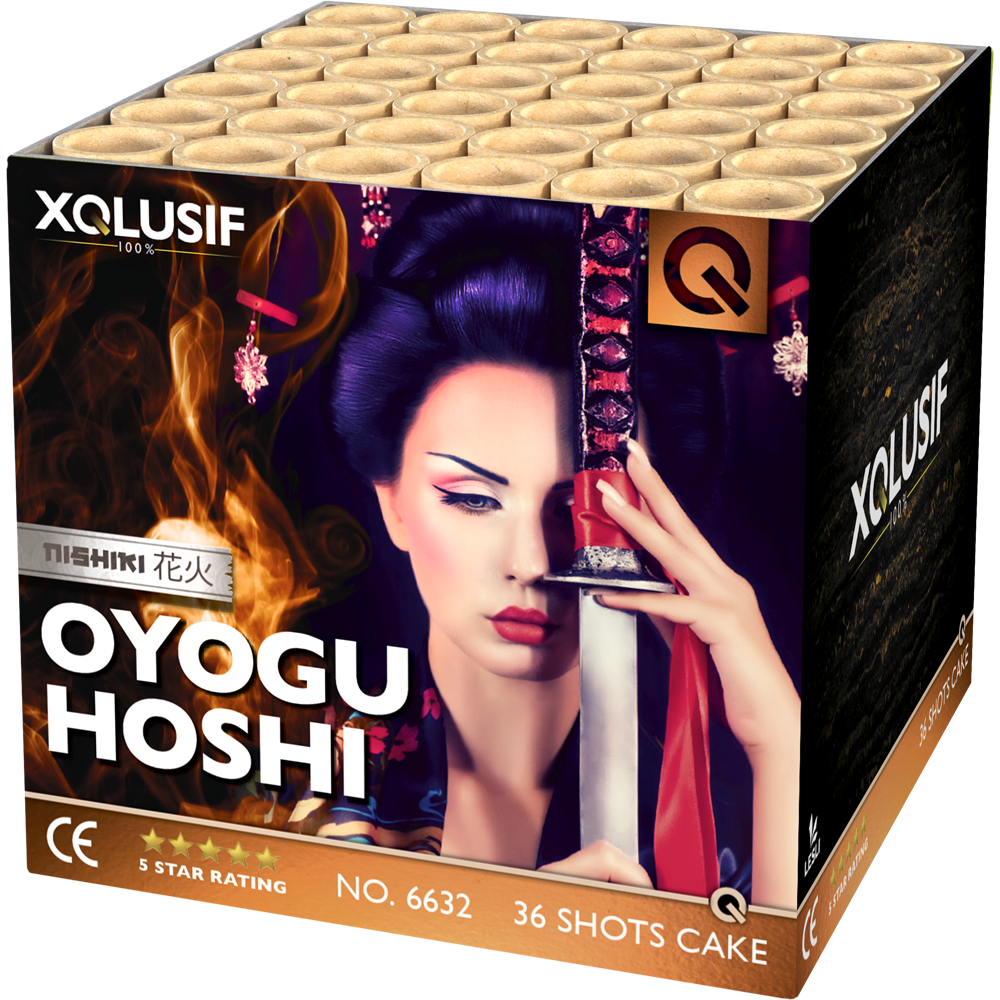 Feuerwerksbatterie Lesli Oyogu Hoshi in schwarzer Verpackung, XQlusif Nishiki-Serie, 36 Schuss, mit Geisha-Motiv auf der Front