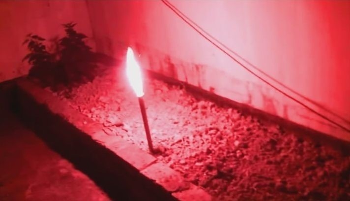 Brennendes rotes Bengalfeuer bei Nacht, rote Flamme taucht Umgebung in rotes Licht, Mauer und Pflanzenkübel im Hintergrund