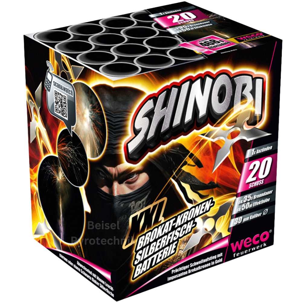 Schwarze Weco-Feuerwerk-Batterie mit Ninja-Illustration und Aufschrift Shinobi XXL, 20 Schuss, 30mm Kaliber, Brokat-Kronen-Silberfisch-Batterie