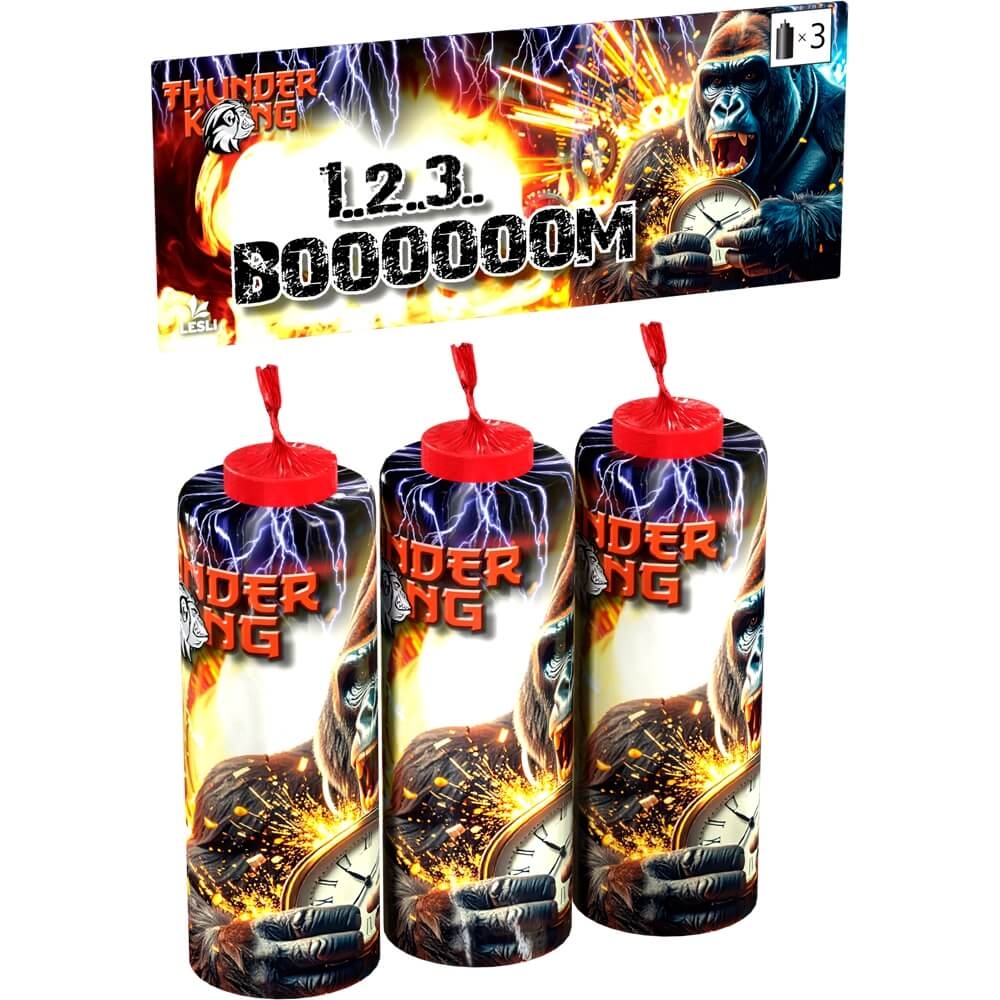 Lesli Thunder King Knallkörper 3er-Pack, zylindrische Feuerwerkskörper mit Gorilla-Motiv, 1.2.3. Boooooom