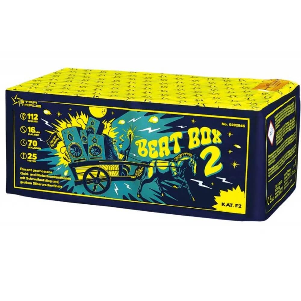 Beat Box 2 Feuerwerk Star Trade, 112 Schuss, 16mm, 70 Sek, KAT.F2, gelb-blaue Box