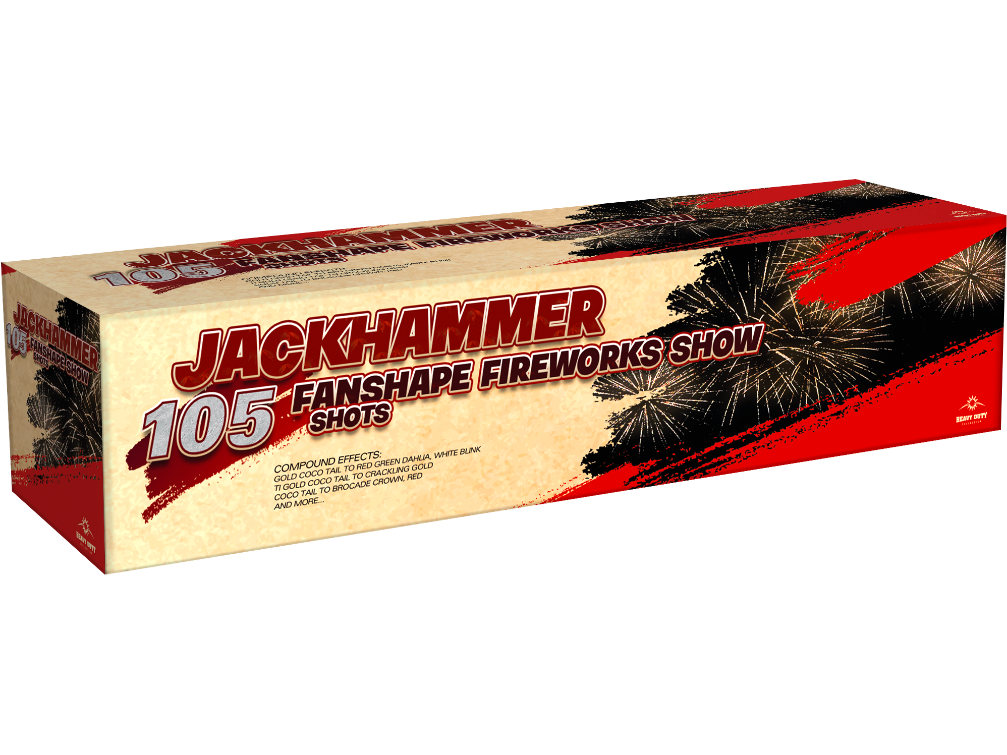 Heavy Duty Jackhammer Fanshape Fireworks Show 105 Schuss in beige-roter Verpackung