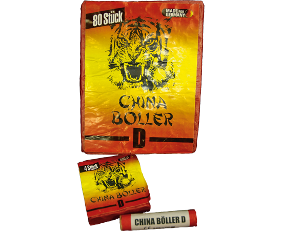 Funke China Böller D in gelb-roter Packung mit Tiger-Motiv, 80 Stück und 4er-Päckchen