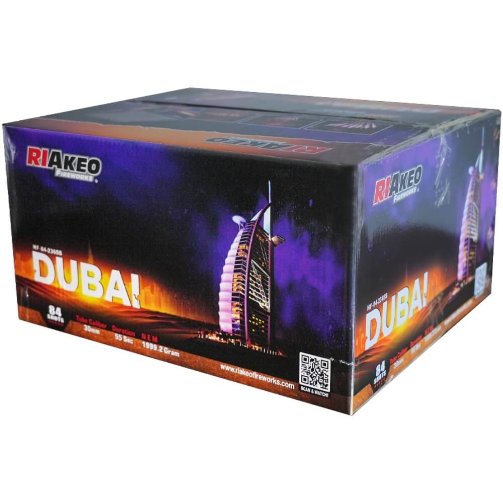 Dubai Feuerwerk 84 Schuss, 30mm, NEM 1999g, Riakeo, Karton mit Burj-Al-Arab-Abbildung