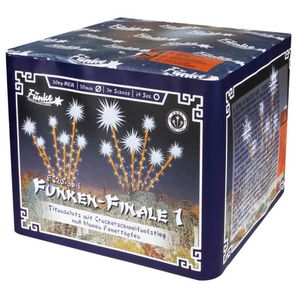 Blaue Feuerwerksbatterie, Aufschrift Funken-Finale 1, Funke-Logo, 36 Schuss, Titaneffekte mit weissen Sternexplosionen