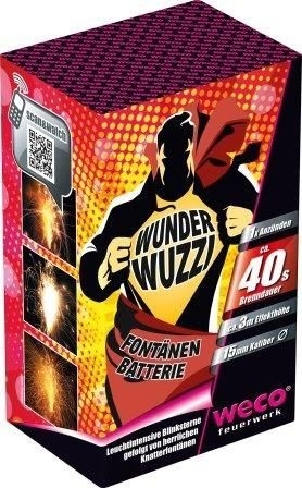 Fontänenbatterie in rosa-roter Verpackung mit Superhelden-Motiv, Aufschrift Wunder Wuzzi, weco-Feuerwerk-Logo