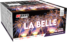 Feuerwerksbatterie mit Feuerwerk-Abbildung und Aufschrift La Belle von Riakeo, 108 Schuss