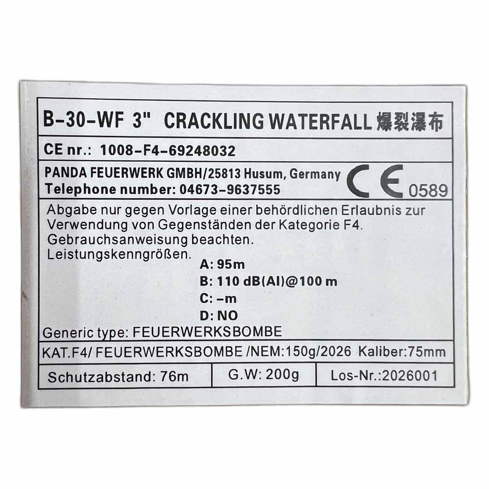 Produktetikett einer Feuerwerksbombe: Panda Feuerwerk GmbH, Bezeichnung B-30-WF 3 Zoll Crackling Waterfall, Kategorie F4, Kaliber 75mm