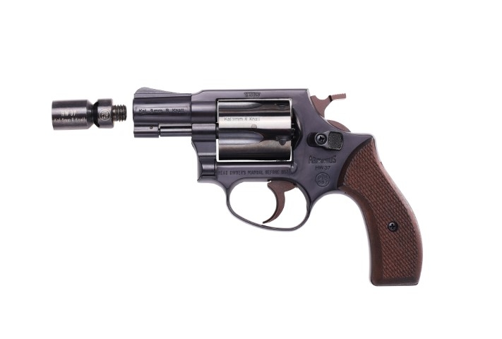Schreckschussrevolver Röhm RG 89 brüniert mit braunem Holzgriff und kurzem Lauf auf weißem Hintergrund