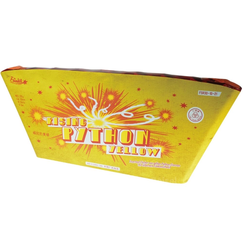 Funke Rising Python Yellow Feuerwerksbatterie, gelbe Verpackung mit rotem Feuerwerk-Motiv und Schriftzug