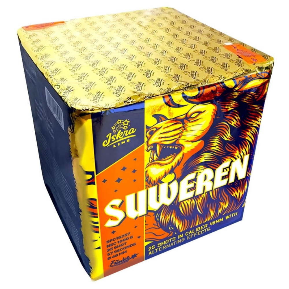 Feuerwerksbatterie in blau-gold-oranger Verpackung mit Löwenillustration, Aufschrift SUWEREN, 25 Schuss Kaliber 48mm
