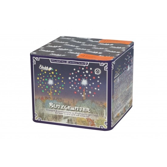 Dunkelviolette Funke-Feuerwerk-Batterie mit ornamentaler Rahmendekoration und Aufschrift Blitzgewitter, Feuerwerksillustration auf der Vorderseite