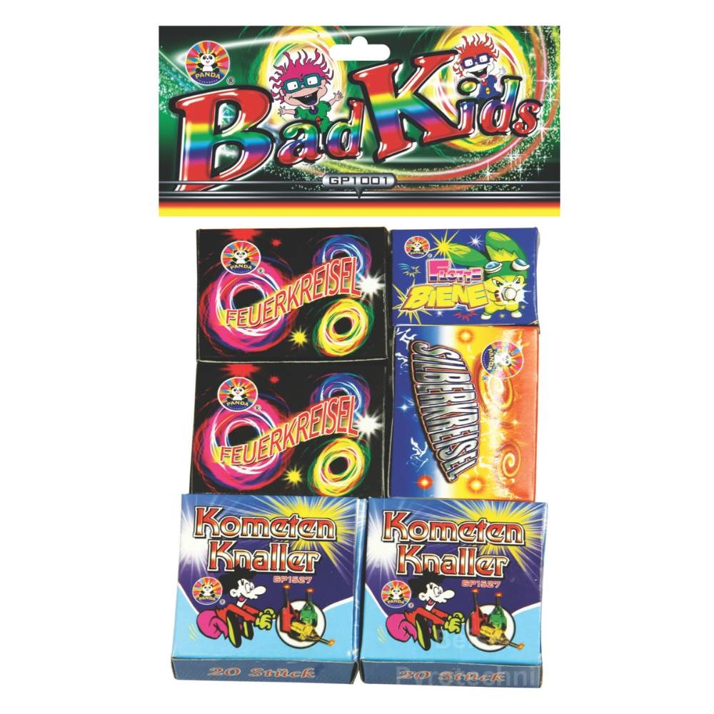 Panda Bad Kids Sortiment GP1001 mit Feuerkreisel, Biene und Kometen-Knaller-Packungen