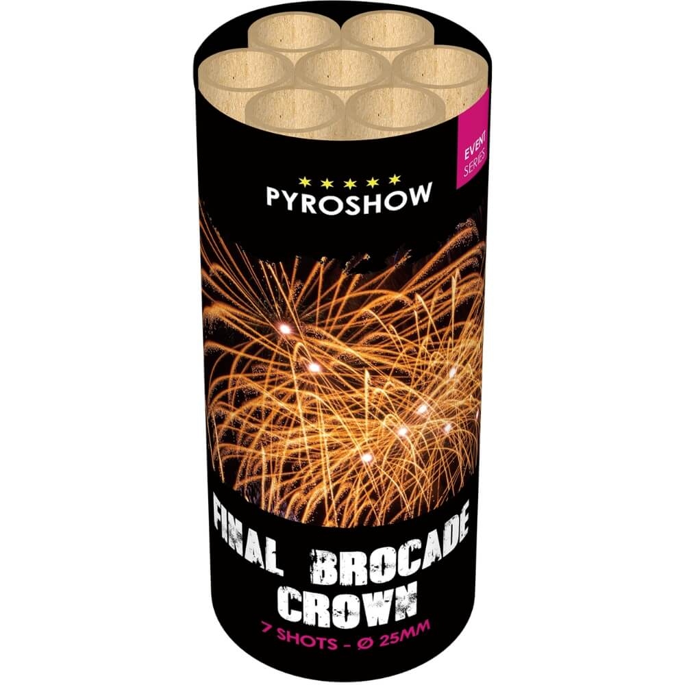 Schwarze zylindrische Verpackung der PYROSHOW Final Brocade Crown mit goldenem Feuerwerk-Motiv und der Aufschrift 7 Shots 25mm