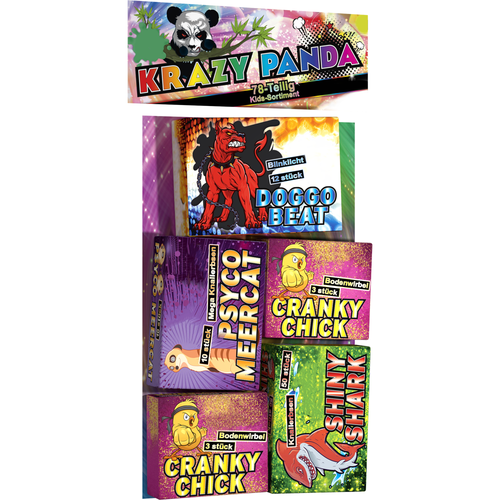 Lesli Krazy Panda 78-teiliges Kids-Jugendsortiment mit Einzelpackungen Doggo Beat, Psyco Meercat, Cranky Chick und Shiny Shark