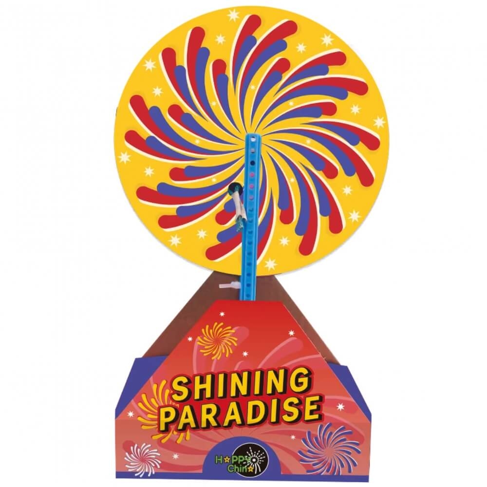 Shining Paradise Happy China, Fontäne in Radform auf rotem Standfuß, gelb-blauer Druck