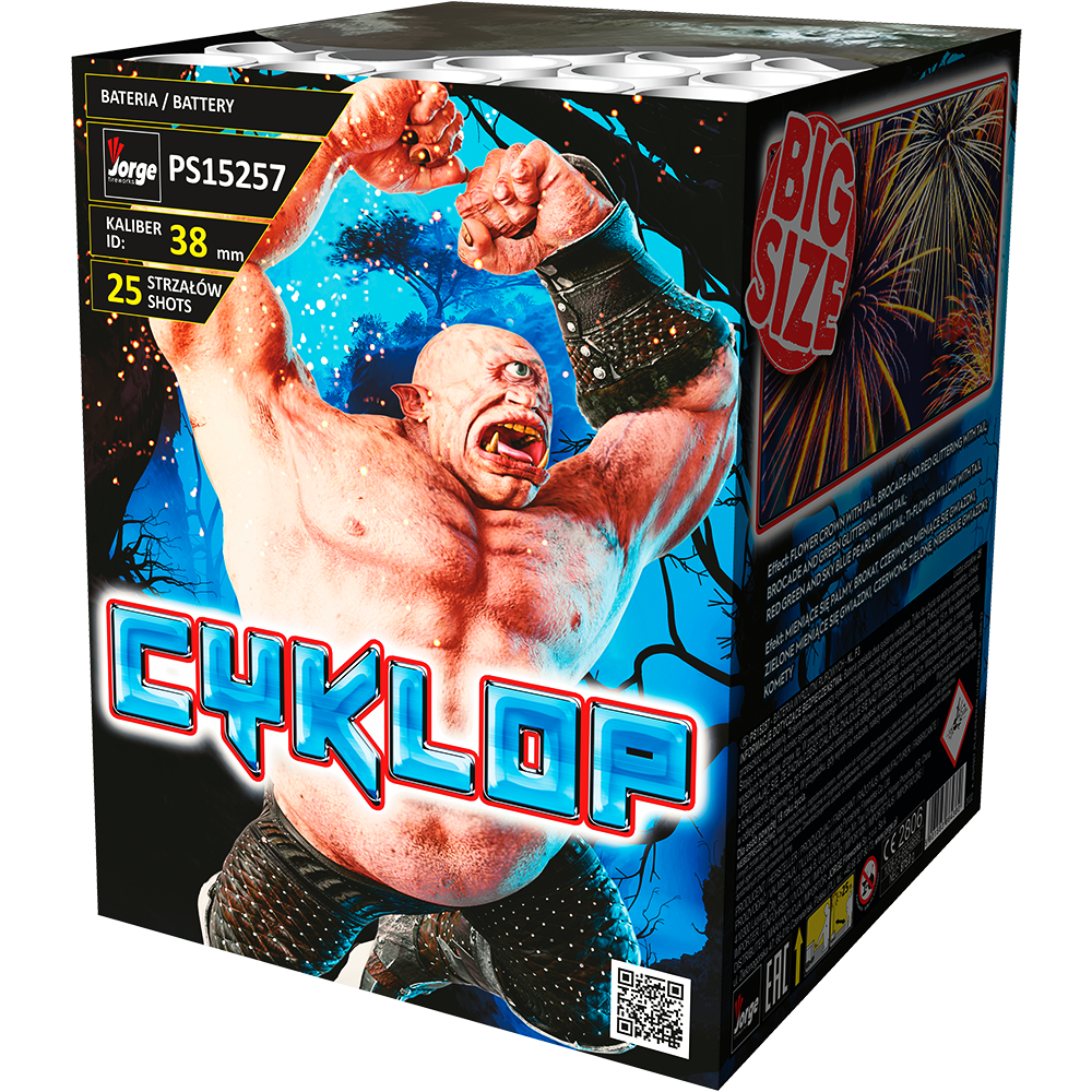 Jorge Cyklop Feuerwerksbatterie dunkle Verpackung mit Einäugigem-Krieger-Artwork, 38mm 25 Schuss