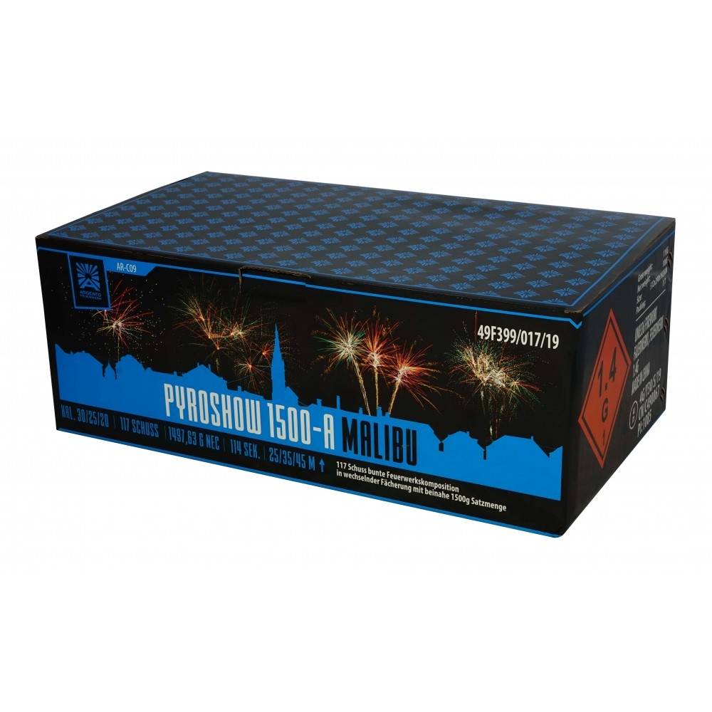 Pyroshow 1500-A Malibu Feuerwerk Batterie, 117 Schuss, dunkelblaue Box