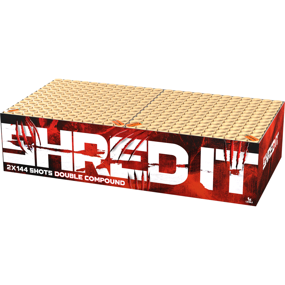 Lesli Shred It Double Compound Verbundfeuerwerk 2x144 Shots in roter und schwarzer Verpackung