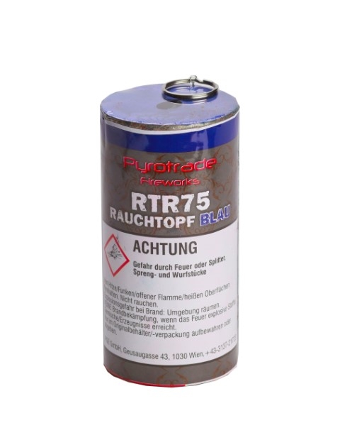 Zylindrischer blauer Rauchtopf mit Metallring-Zündung, Aufschrift PYROTRADE RTR75 RAUCHTOPF BLAU