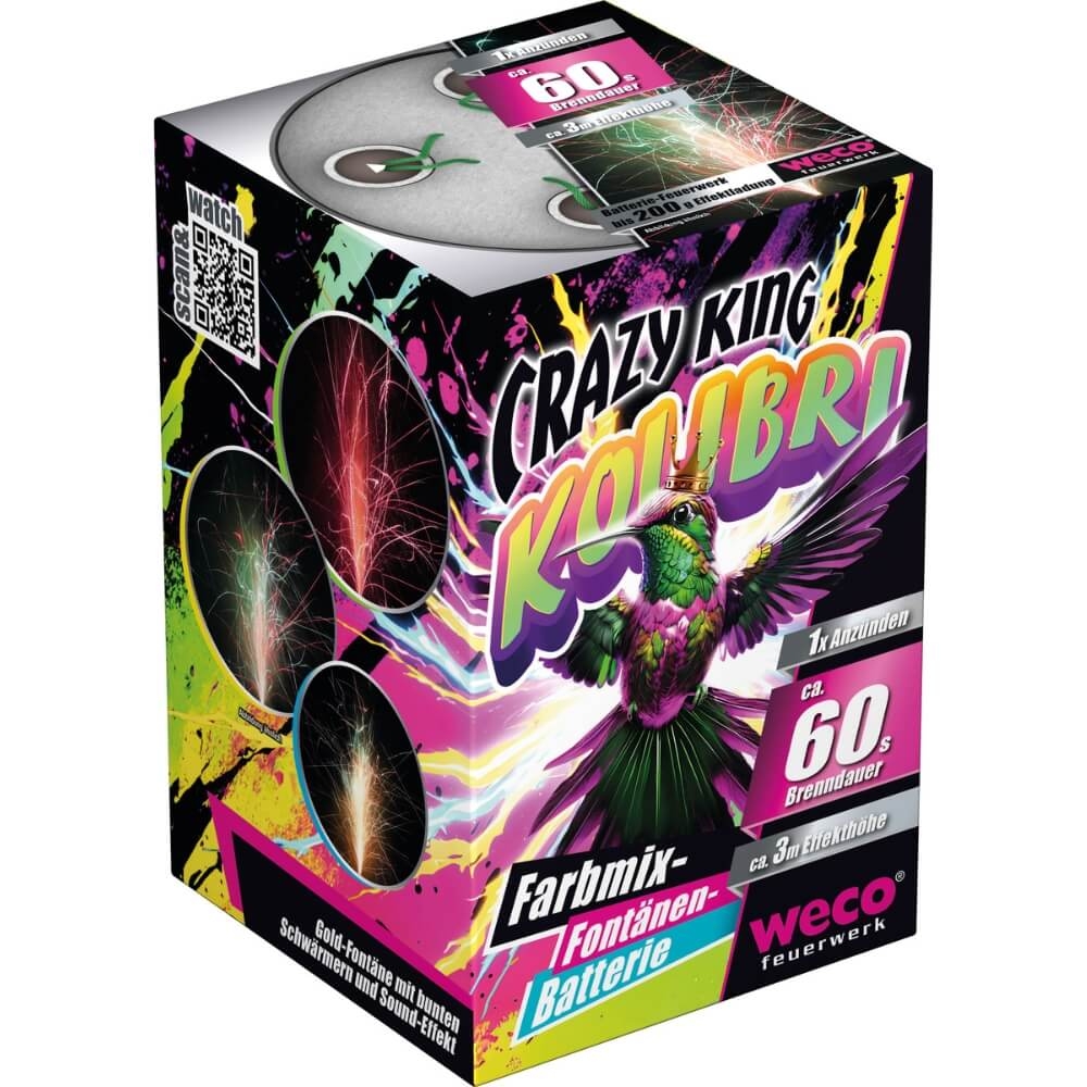 Weco Crazy King Kolibri Farbmix-Fontänen-Batterie, ca. 60 Sek., bunte Box mit Kolibri