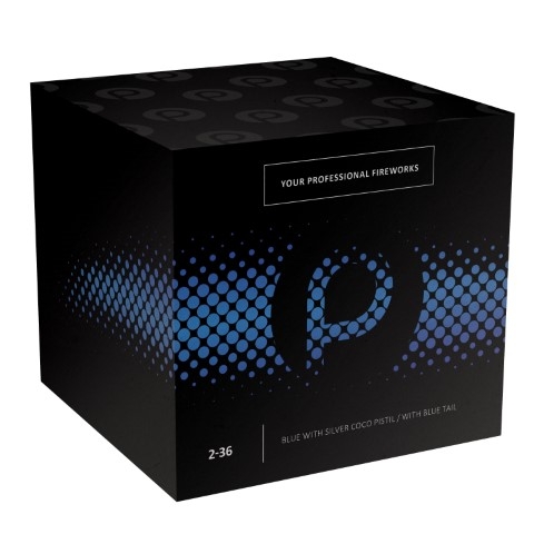 Schwarze Primed Pyrotechnics Batterie mit blauem Punktmuster und p-Logo, YOUR PROFESSIONAL FIREWORKS, 2-36, BLUE WITH SILVER COCO PISTIL / WITH BLUE TAIL