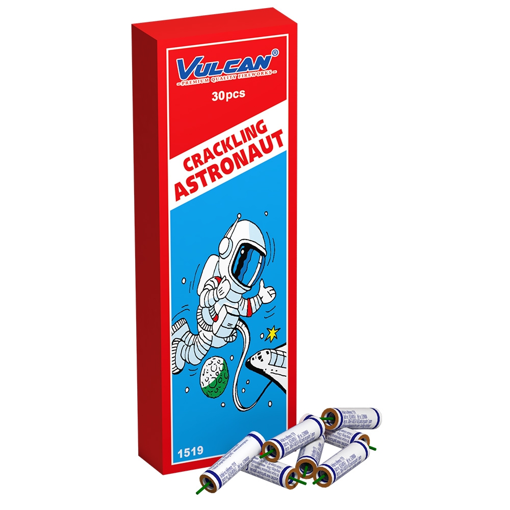 Feuerwerk-Packung Vulcan Crackling Astronaut, rote Schachtel mit 30 Stück, illustrierter Astronaut im Weltraum, mehrere ausgepackte Knaller davor