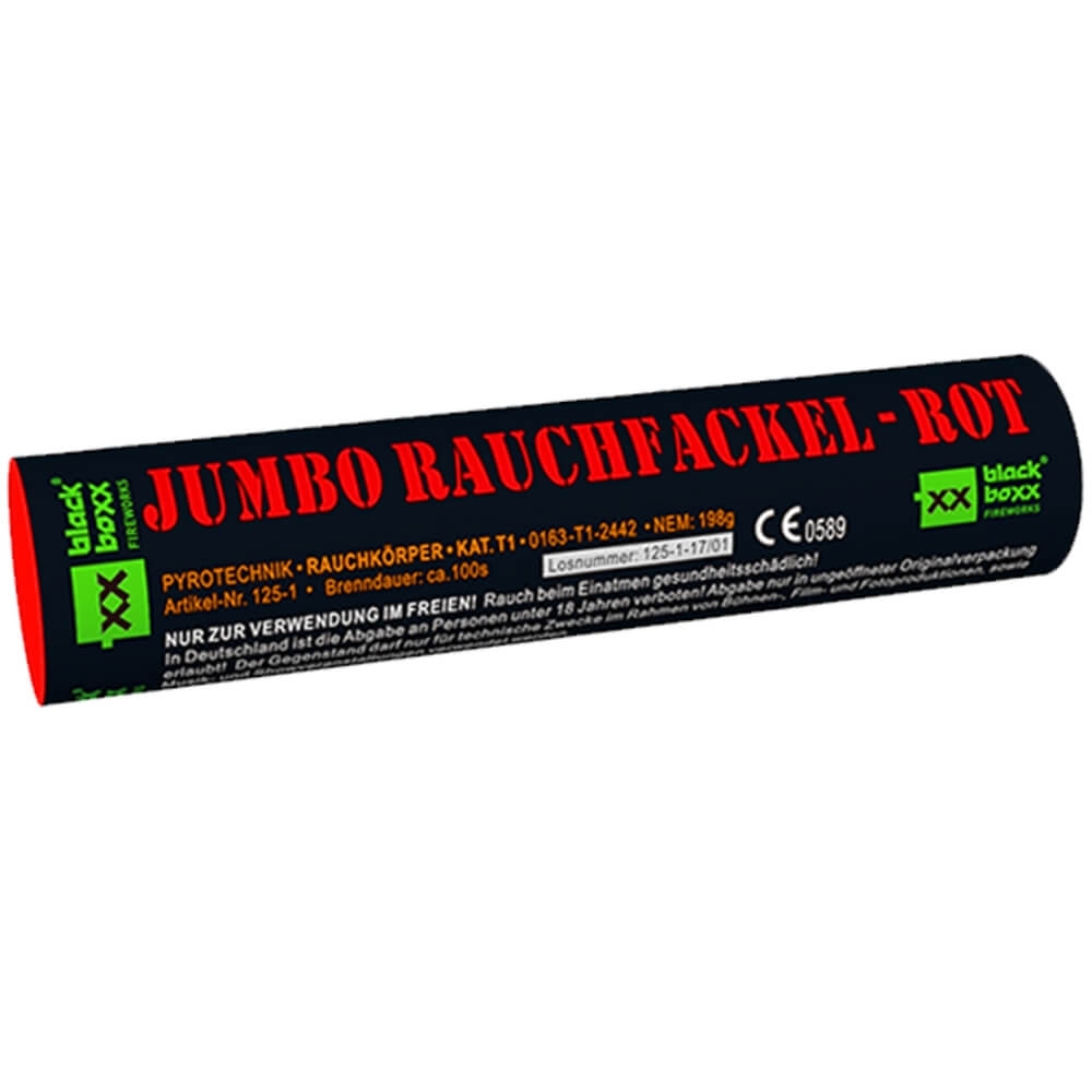 Schwarze Rauchfackel Blackboxx Jumbo Rauchfackel Rot mit roter Kappe, KAT T1, ca. 100s Brenndauer