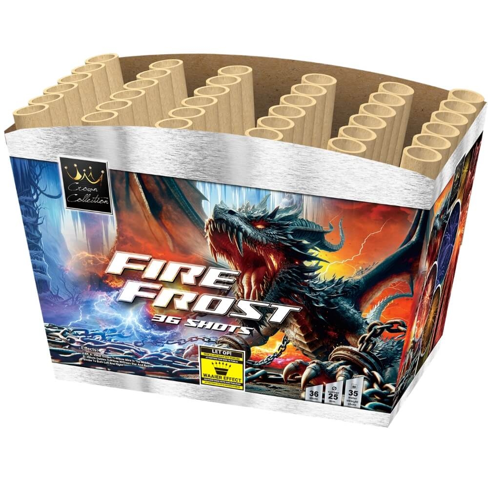 Verpackung der Broekhoff Fire Frost 36-Schuss-Feuerwerksbatterie mit Drachen-Motiv, Crown Collection