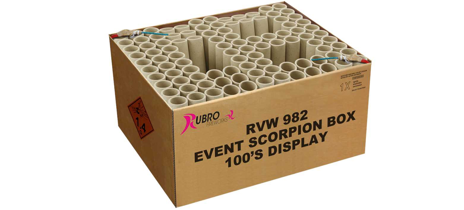 Braune Rubro Fireworks Kartonbox RVW 982 Event Scorpion Box 100's Display, offene Oberseite mit zahlreichen Papprohren, zwei Zündleitungen