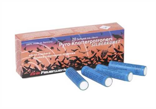 Zink Pyro-Knatterpatronen Silberkomet, rote Faltschachtel 20er-Pack mit drei blauen Patronen davor