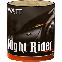 WATT Night Rider Feuerwerksdose, schwarzer Zylinder mit orangenem Bodenband und Sportwagen-Motiv
