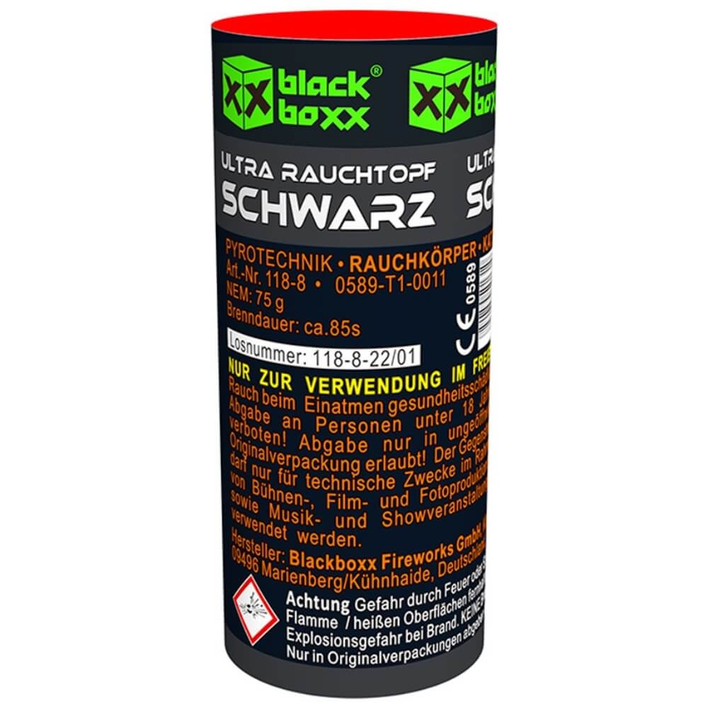 Ultra Rauchtopf Schwarz Black Boxx, 75g, 85s Brenndauer, schwarzer Zylinder, dunkelgrauer Band