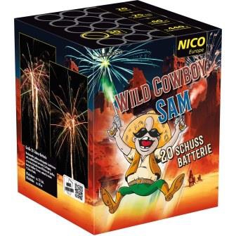 Feuerwerksbatterie in blau-oranger Verpackung mit Cowboy-Cartoon, Aufschrift WILD COWBOY SAM, 20 Schuss