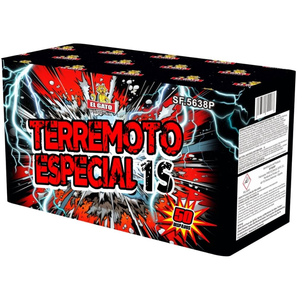 Terremoto Especial 1S 50 Schuss Feuerwerk von El Gato, schwarzrote Box mit Explosions-Comic-Motiv