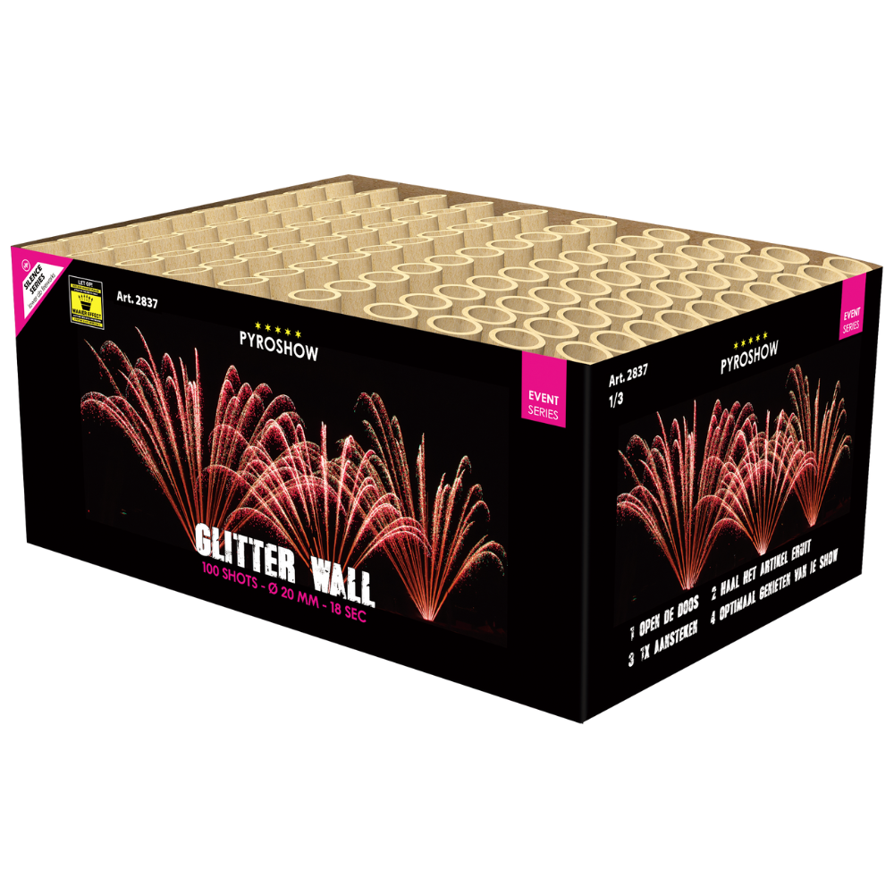 Schwarze Großverpackung der Broekhoff Glitter Wall 100-Schuss-Feuerwerksbatterie mit offenem Röhrenblock oben