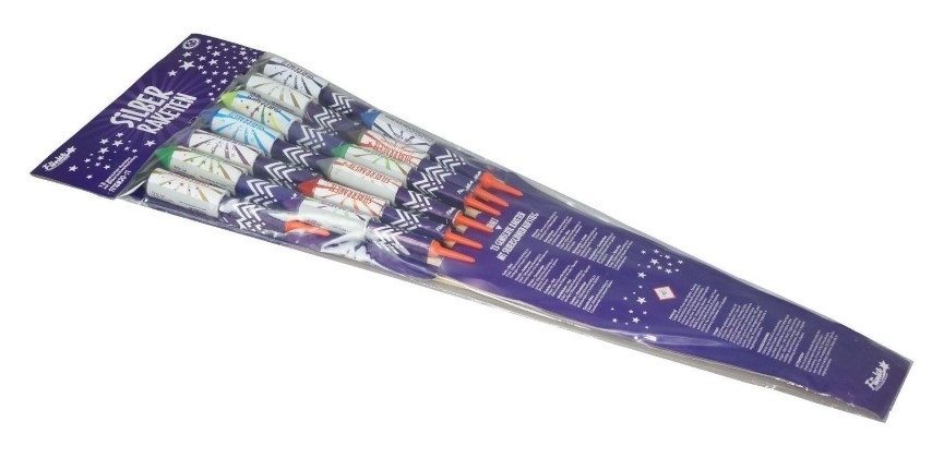 Raketensortiment Super Raketen in blau-violetter Verpackung mit mehreren bunten Raketen