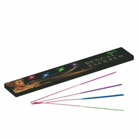 Bengalfackeln bunt 4er-Set, schwarze Flachpackung mit rosa, blau, grünen Stäben