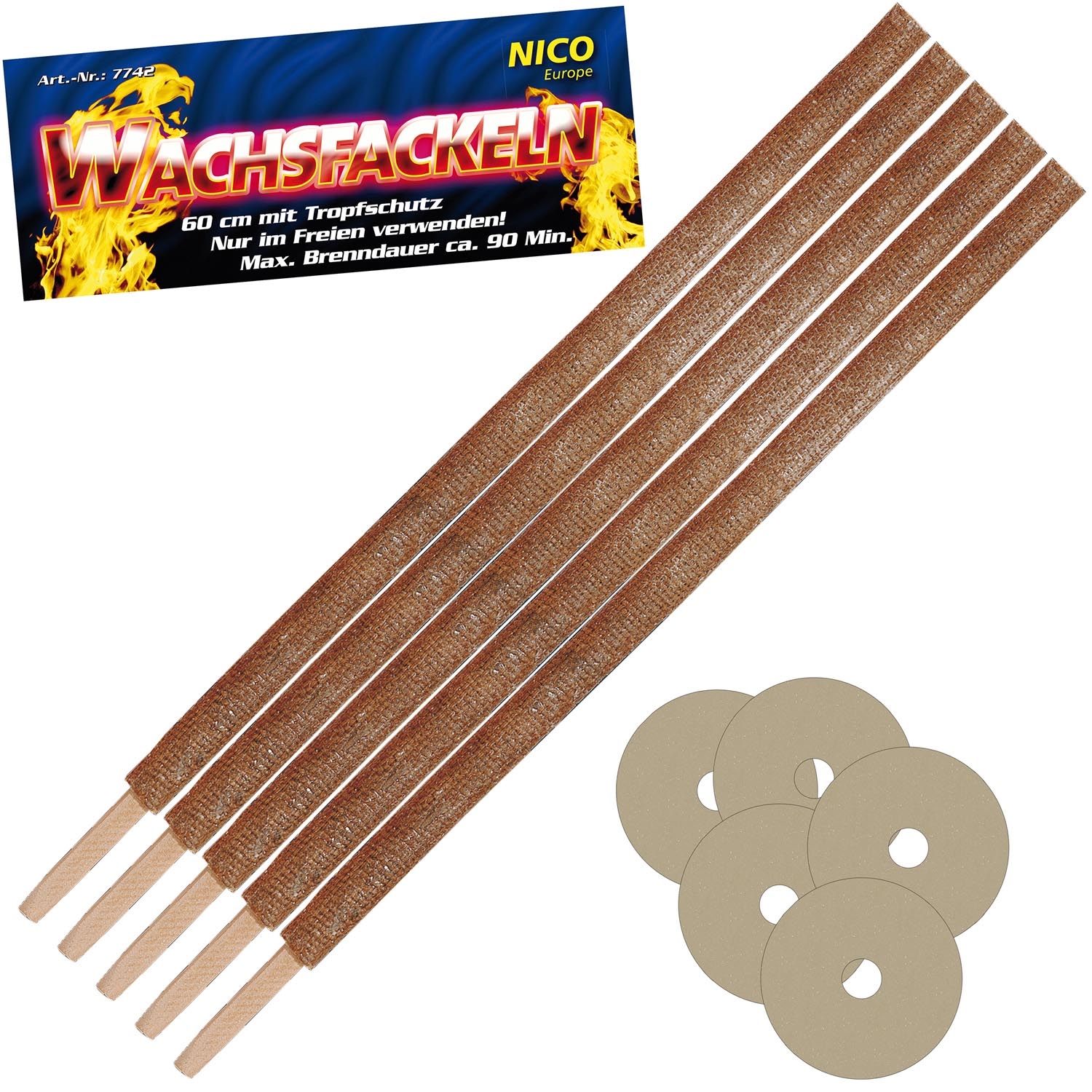 Nico Europe Wachsfackeln, fünf braune Wachsfackeln à 60 cm mit Tropfschutzscheiben, Brenndauer ca. 90 Min.