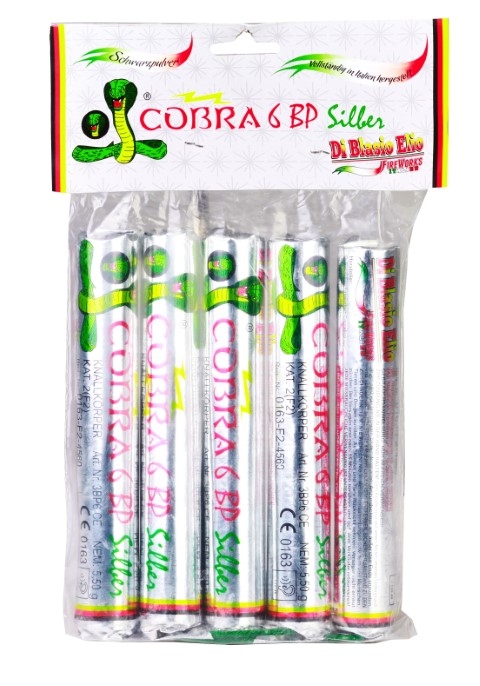 Fünf silberne Fontänen in Klarsichtfolie, Displaykarte mit Schlangenlogo und Aufschrift COBRA 6 BP SILBER