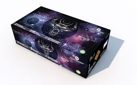 Taurus Feuerwerk Batterie, schwarze Box mit Stier-Motiv und violettem Weltalldesign
