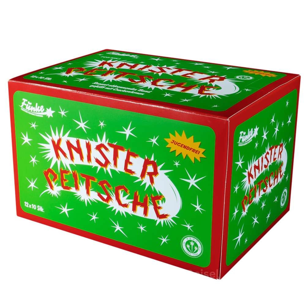Rot-grüne Produktverpackung mit weißen Verzierungen und der Aufschrift "Knister Peitsche“