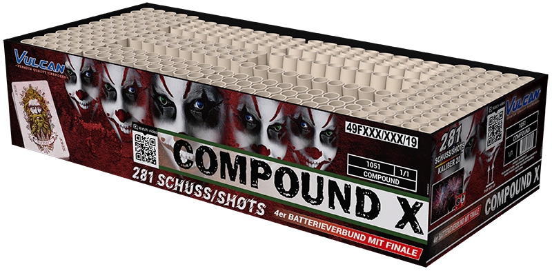 Vulcan Compound X Verbundfeuerwerk in dunkler Verpackung mit Clown-Motiv, 281 Schuss, 4er Batterieverbund