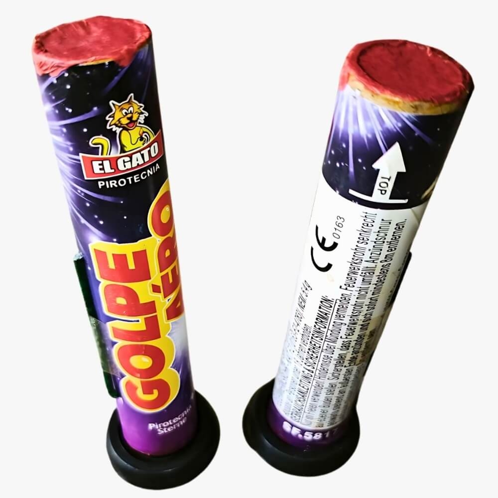 Golpe Aero Einzelschuss-Feuerwerk von El Gato, 2 Tuben mit schwarzem Standfuß, Vorder- und Rückseite