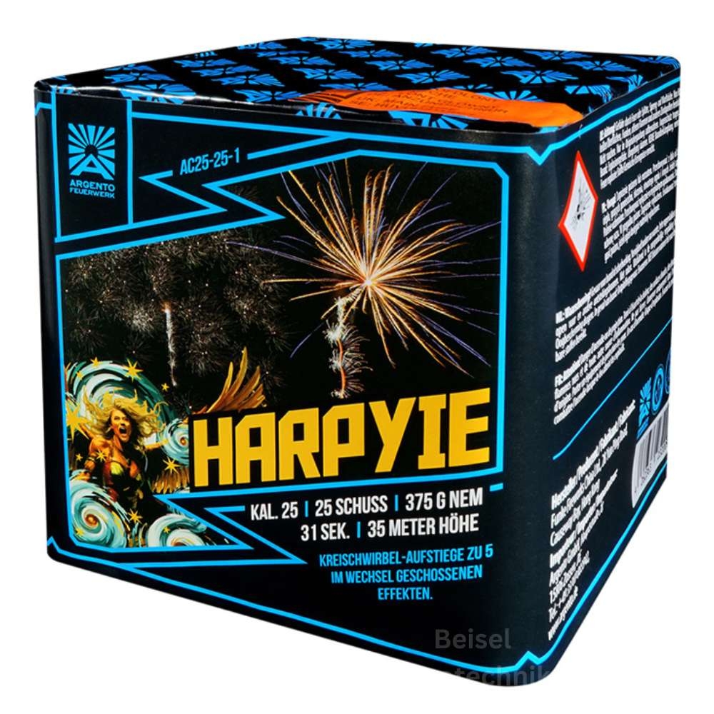Feuerwerksbatterie Argento Harpyie in schwarzer Verpackung, 25 Schuss, Kaliber 25mm, 375g NEM, Argento-Feuerwerk-Logo auf der Seite