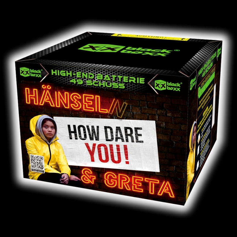 Black Boxx Hänsel/N & Greta High-End Batterie 49 Schuss, schwarze Verpackung mit Neon-Schrift und Greta Thunberg Motiv mit Schild "How dare you!", großformatige Feuerwerks-Batterie