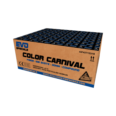 Evo Piccolo Color Carnival Compound Feuerwerk, braune Box mit blauem Aufdruck