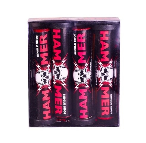 Hammer Single Shot Feuerwerk, 4 schwarze Tuben mit rotem Logo im Tray