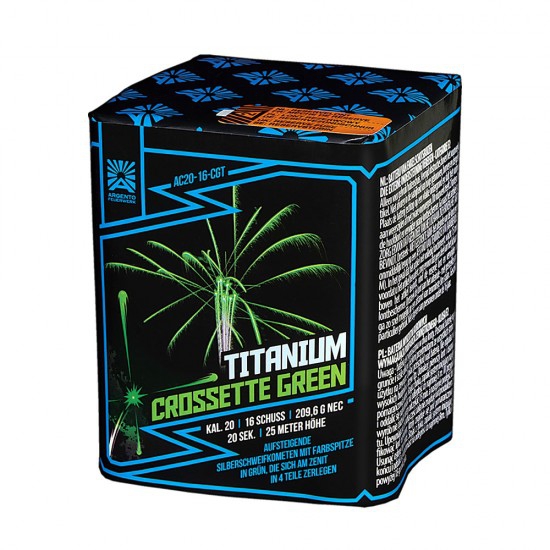 Argento Titanium Crossette Green Batterie blau-schwarze Verpackung mit grünem Feuerwerksfoto, 16 Schuss Kal. 20